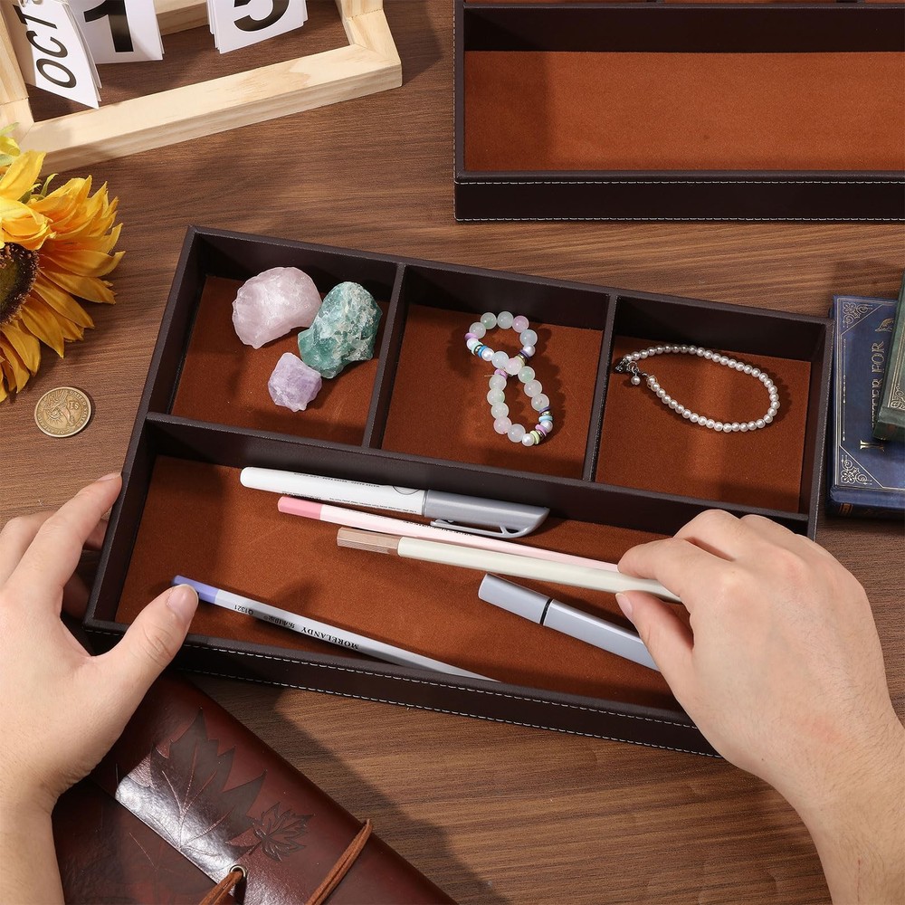 2 Pcs Desk Drawer Organizer 4 Grid PU Leather Drawer Storage Organizer Multi-...