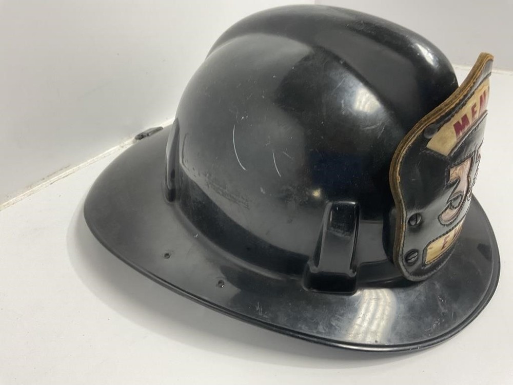 Black Firefighter Helmet front shield marked 'MEMBER 33 EVFC.