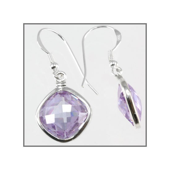Sterling Silver Rhombus Drop Earrings CZ Lavender 65372