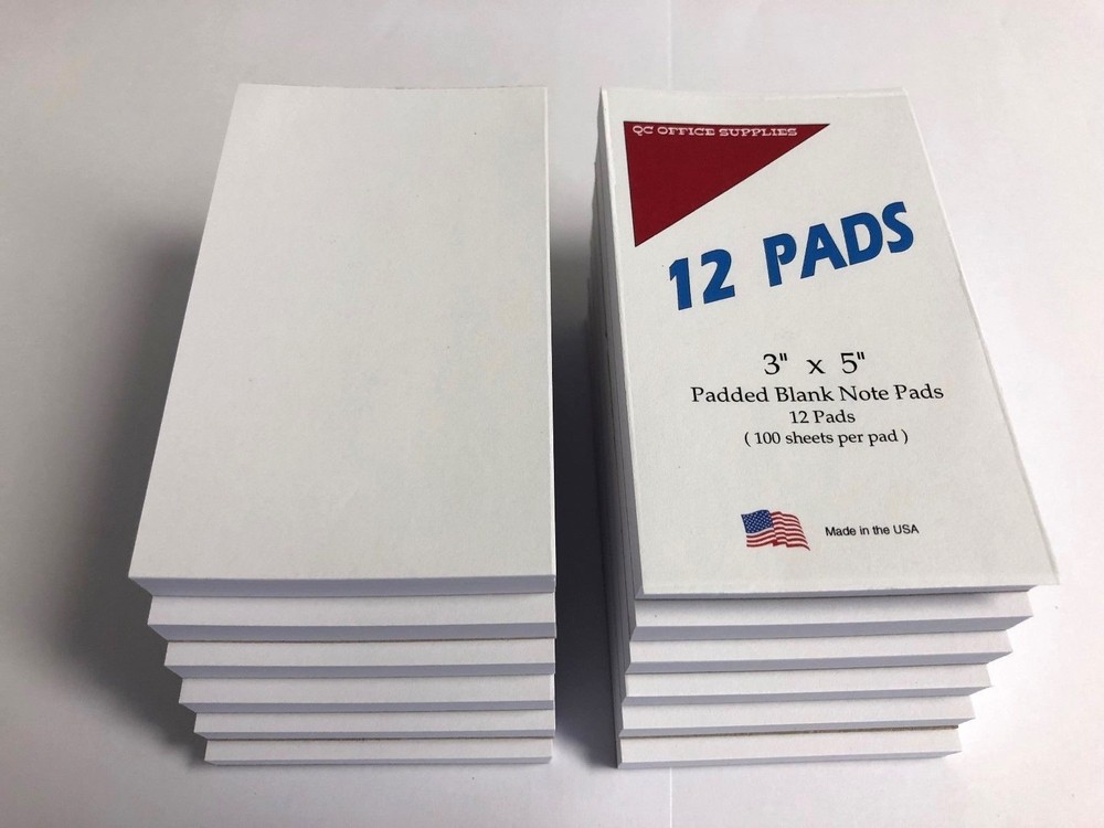 NOTE / MEMO PADS - Blank -  3” X 5” - 100 Sheets Per Pad  - 12 Pads