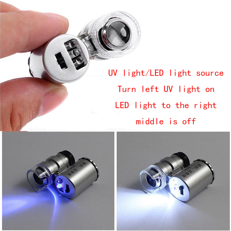 60X document Mini LED UV Light Illuminated Pocket Microscope Loupe Magnifier