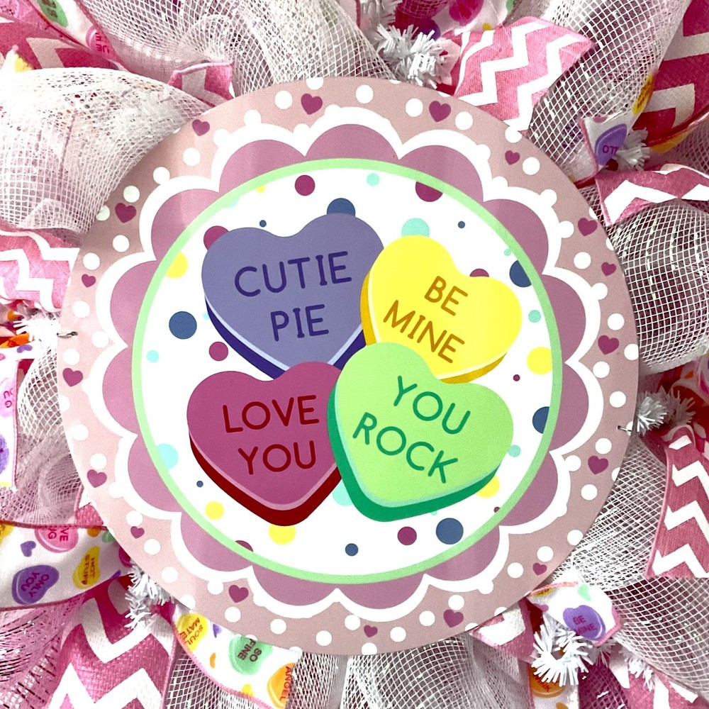 Conversation Hearts Valentines Day Wreath Handmade Deco Mesh