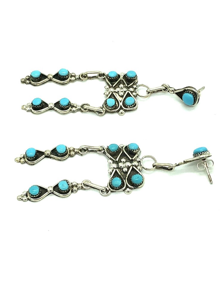 Native American Sterling Silver Handmade Zuni Turquoise Dangle Earring
