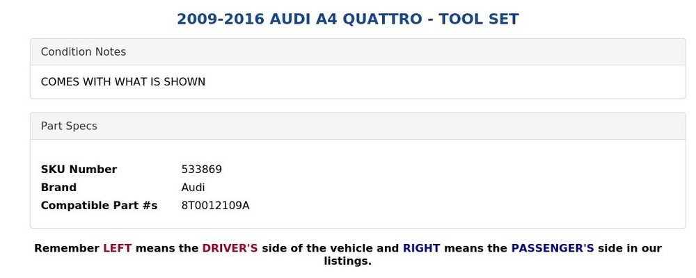 2009-2016 AUDI A4 QUATTRO - TOOL SET