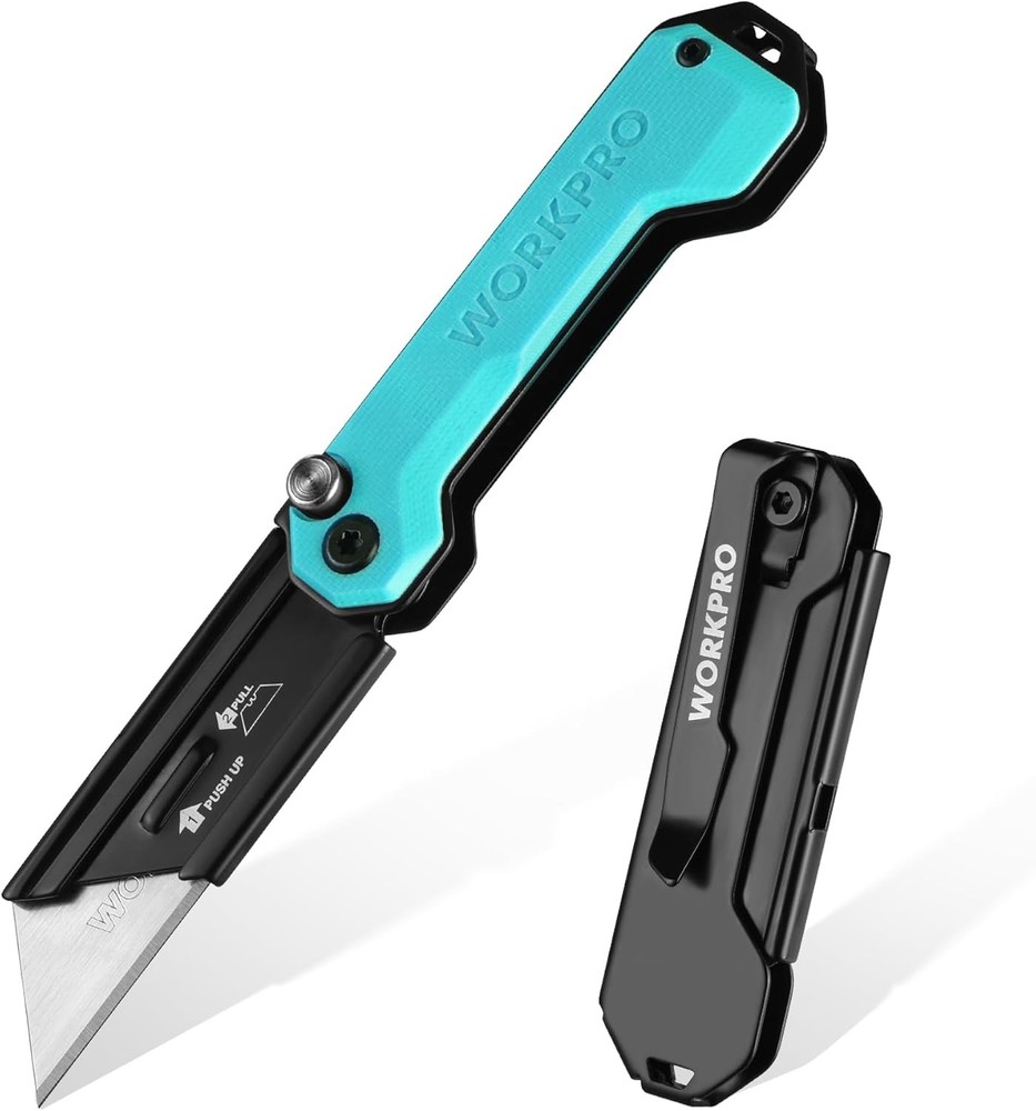 WORKPRO Folding Utility Knife Box Cutter Quick Change Blade Quick Open Axis Lock