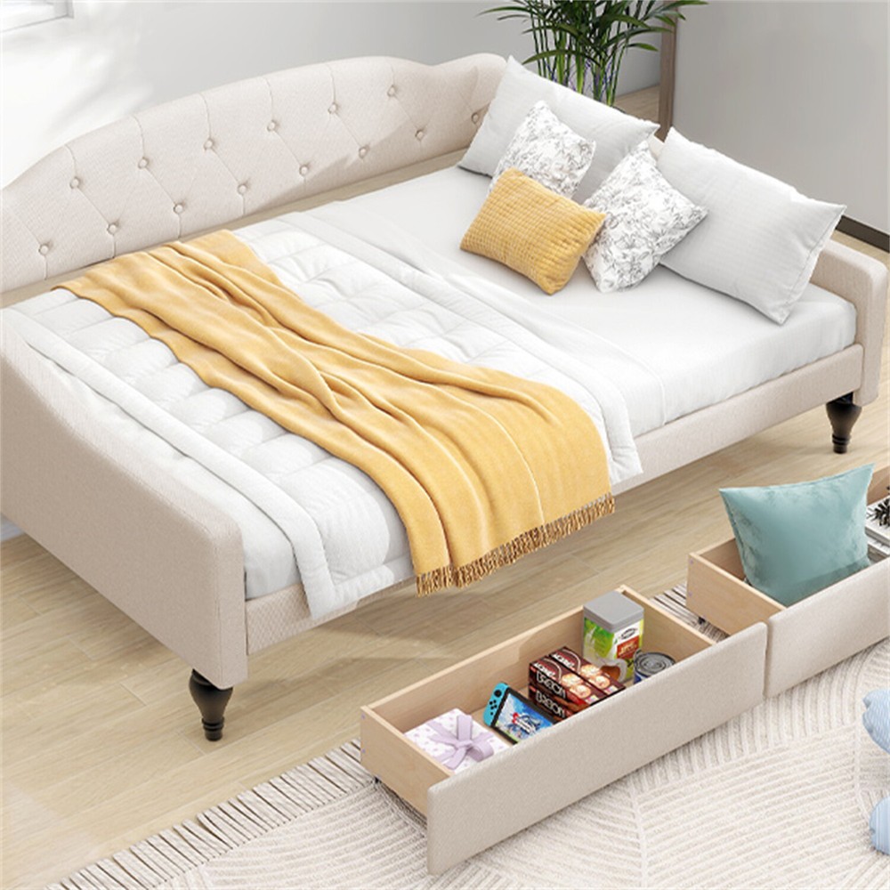 Full Size Daybed Upholstered Bed Frame Sofa Bed w/ 2 Storage Drawer Beige US