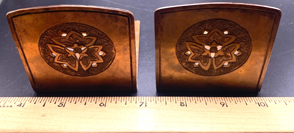 Antique Arts & Crafts copper small Sample Size Bookends on copper with script
