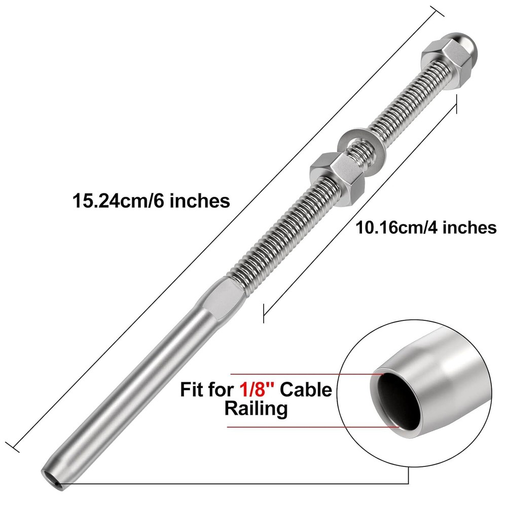 50 Pack 6" Long Swage Threaded Stud Tension End Fitting Terminal Fits 1/8" Cable