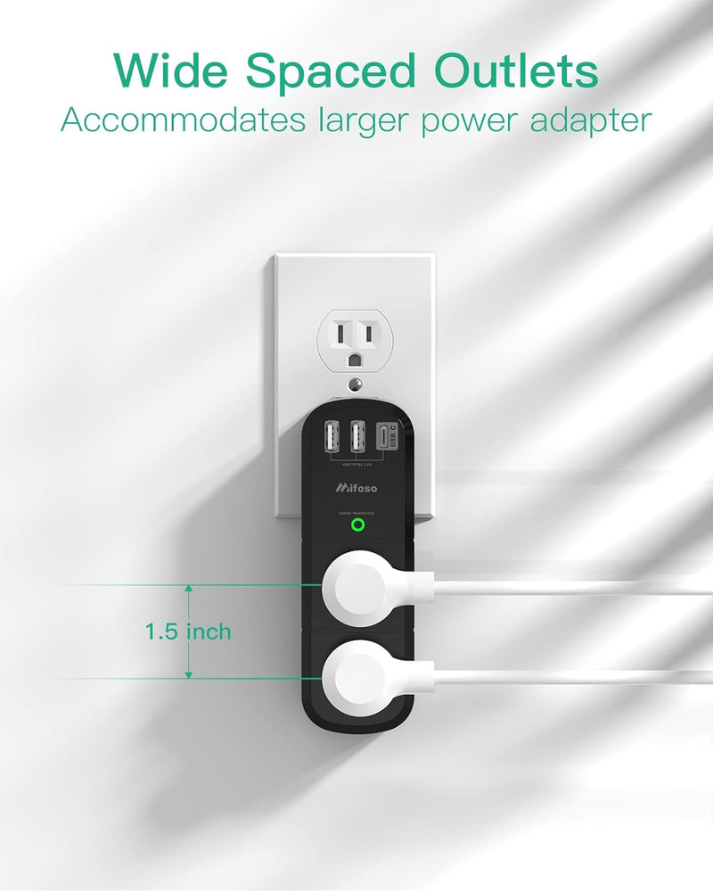 USB Outlet Extender Surge Protector - with Rotating Plug, 1800 Joules, 6 AC Mult