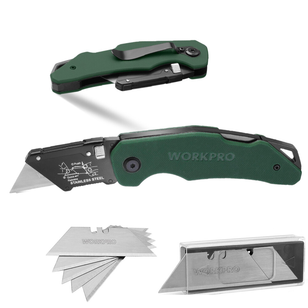 WORKPRO Folding Utility Knife Box Cutter Quick Change Blade G10 Handle 10 Blades