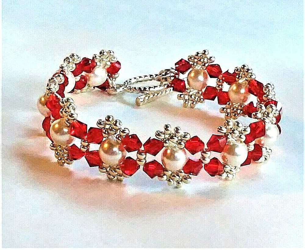 Handmade Red White Pearl Beaded Bracelet
