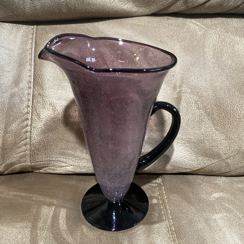Handblown Controlled Bubble Purple Glass Pitcher with Applied Handle