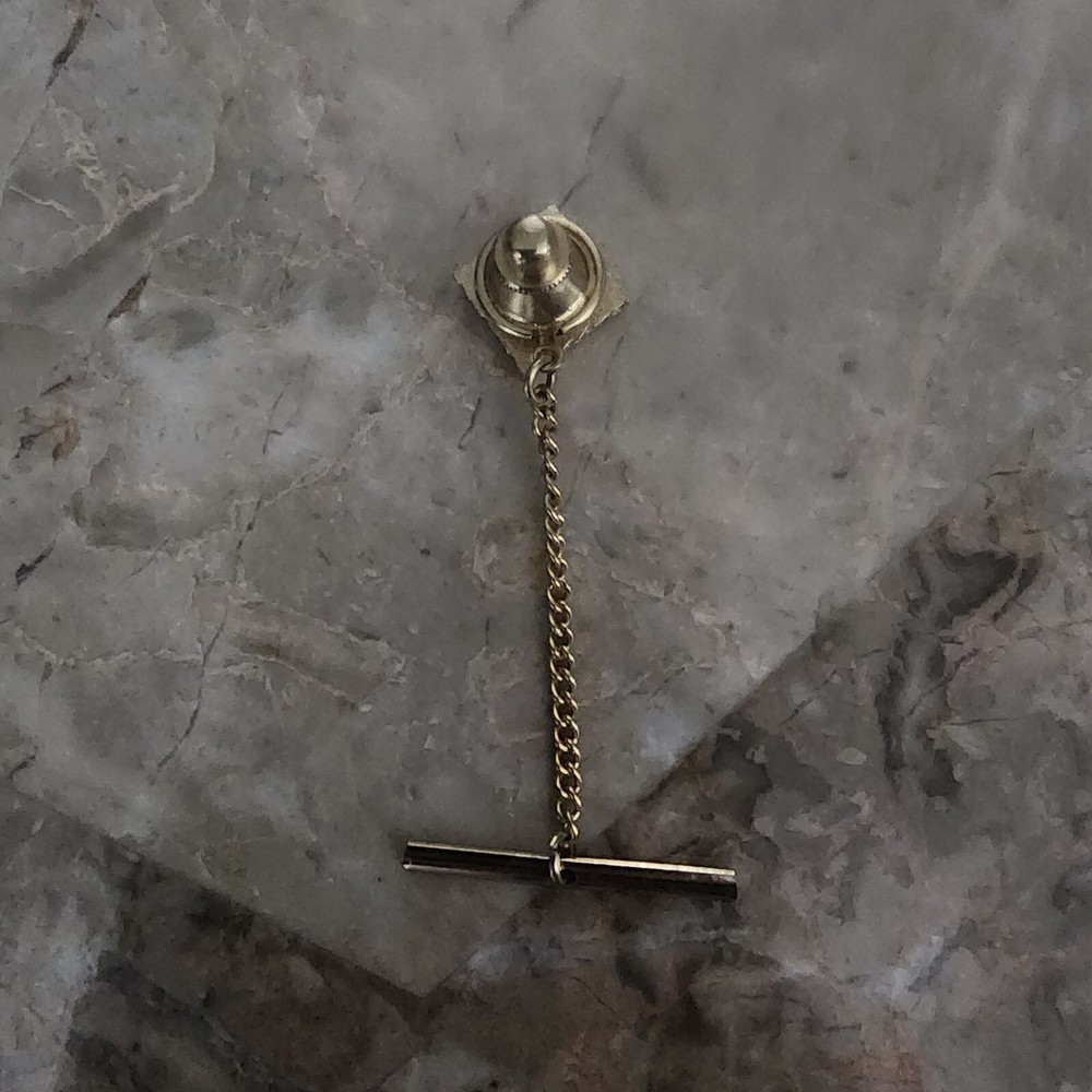 Gold Tone Square Tie Tack w/ Button Chain