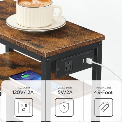 Small Narrow Side Table, Skinny End Table with Charging Station, Extra Slim