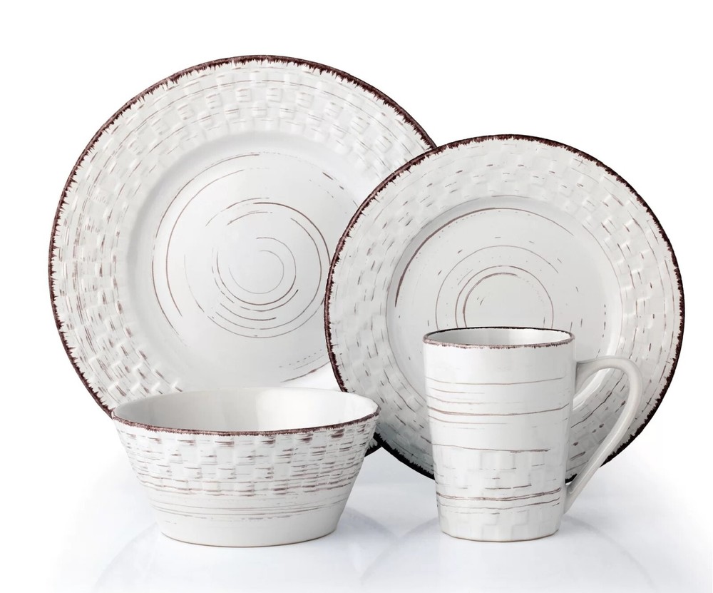 Dinnerware Set White Weave Distressed Design 16 Piece Stoneware Food Service