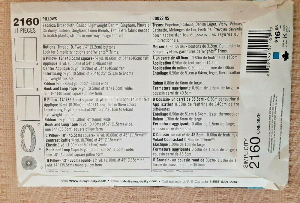 Simplicity Pattern 2160 Pillows Sewing Craft Project UNCUT (H)