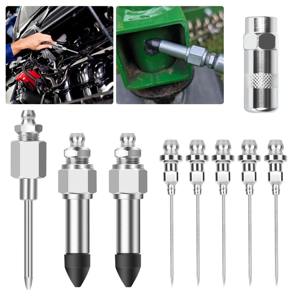 Complete Grease Injector Needle Nozzle Kit with Rubber Adapter Tool 9Pcs Set