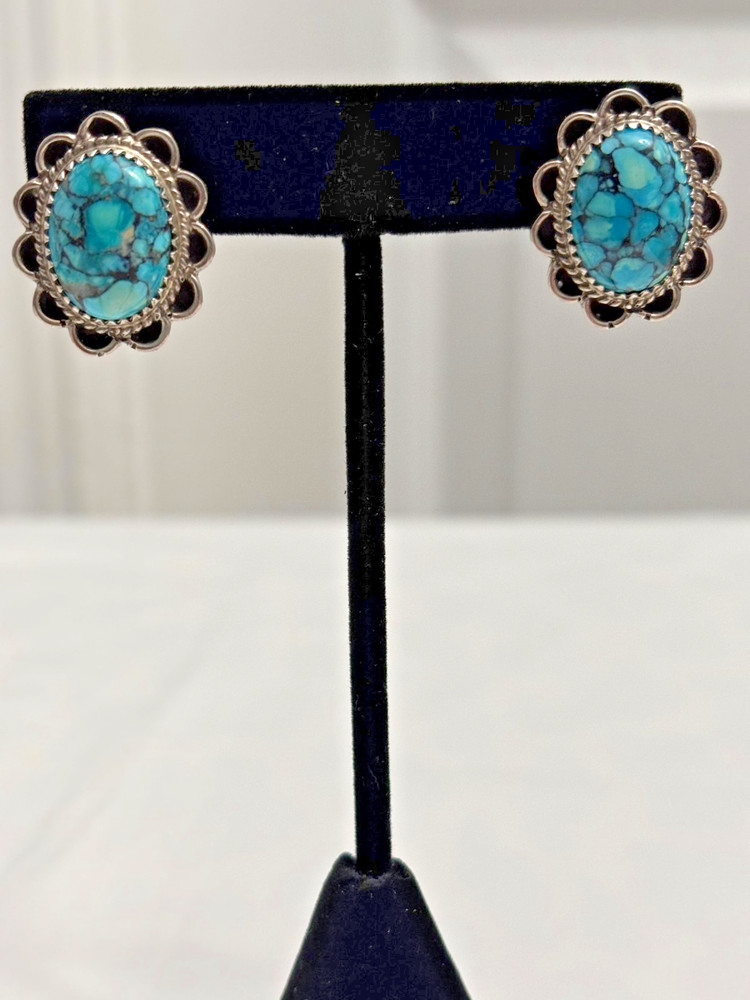 VINTAGE NATIVE AMERICAN STERLING SILVER SPIDERWEB TURQUOISE SIGNED EARRINGS