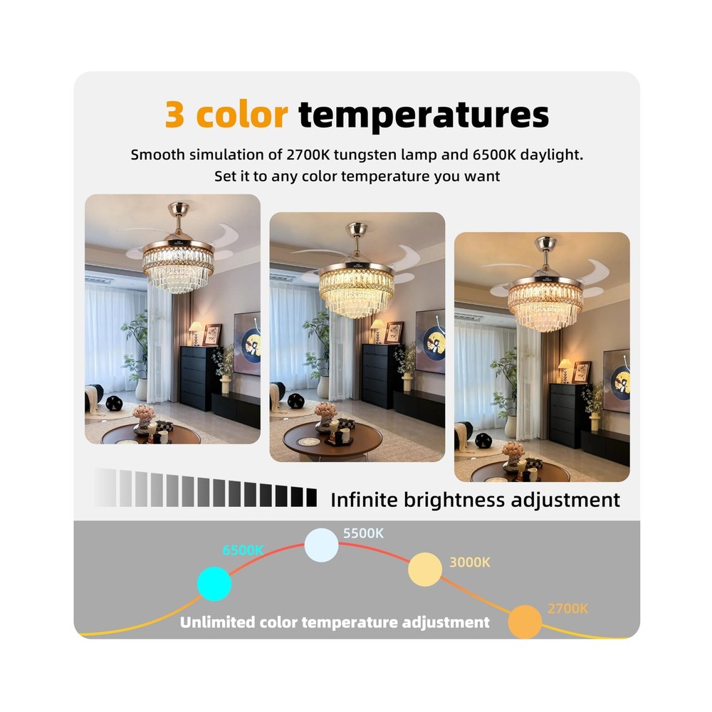 Retractable Crystal Ceiling Fan with Lights and Remote/APP Control, Bluetooth...