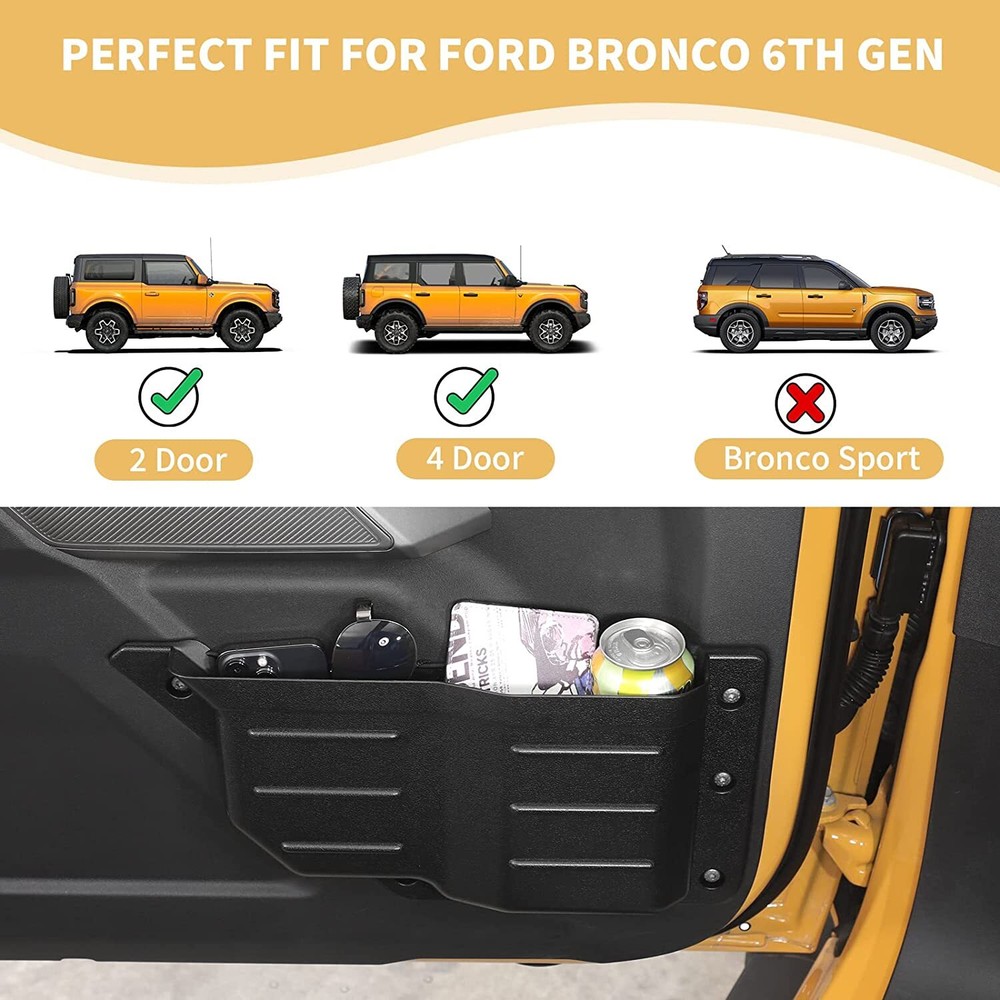 Front Door Pockets Storage Box Organizer For Ford Bronco 2021+ Replacement Black