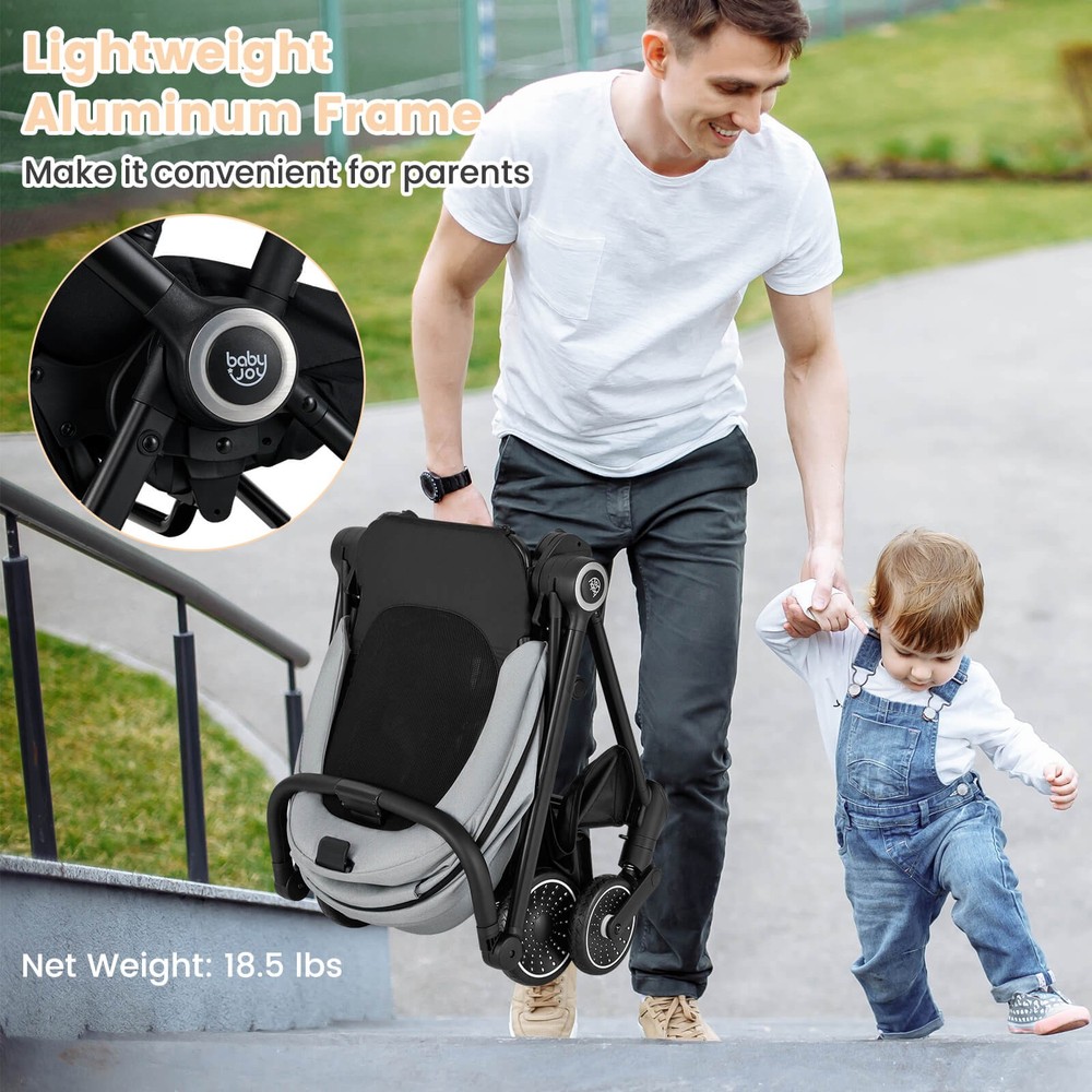 Baby Stroller Foldable Infant Pram Stroller w/ Reclining Backrest Handle