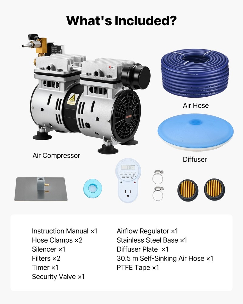 VEVOR 5.2CFM Pond Aeration System for 3 Acres Lake 3/4 HP Compressor Diffuser