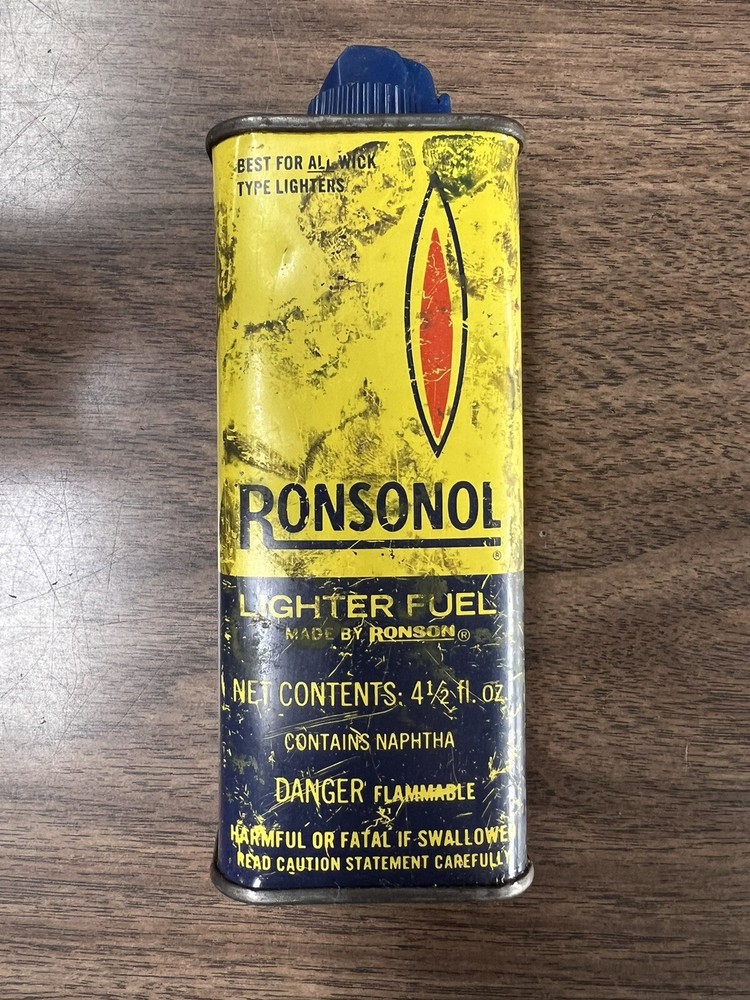 Vintage Ronsonol Lighter Fluid Tin Blue Yellow Switch Spout Empty