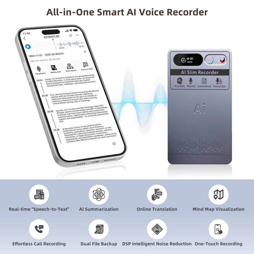 WILIBUT AI Voice Recorder with App Control, Advanced Transcribe & Grey