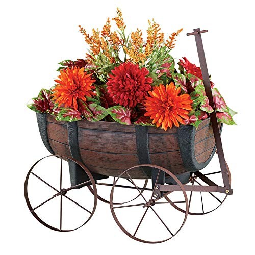 SkyMall Rustic Wagon Planter with Whiskey Barrel Design and Drainage