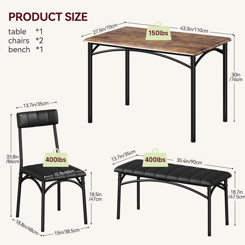 Dining Table Set 4 Space-Saving Wood Kitchen Table W/ Upholstered Bench & 2