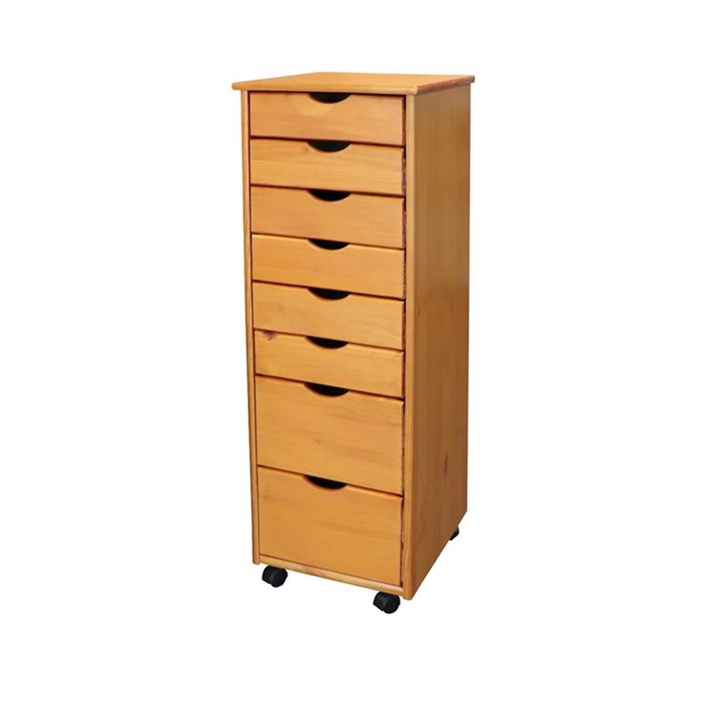 Pemberly Row Modern Solid Wood 6+2 Drawers Roll Utility Cart in Med Pine