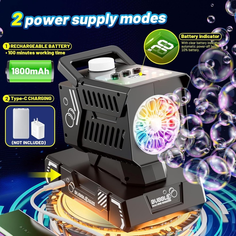 Upgraded bubble machine with remote control and automatic rotation RGB lights