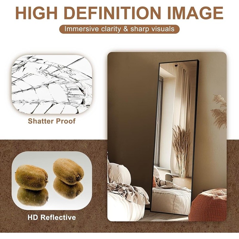 Full Length Standing Mirror HD Reflection Explosion Proof Wall Mount Free Stand
