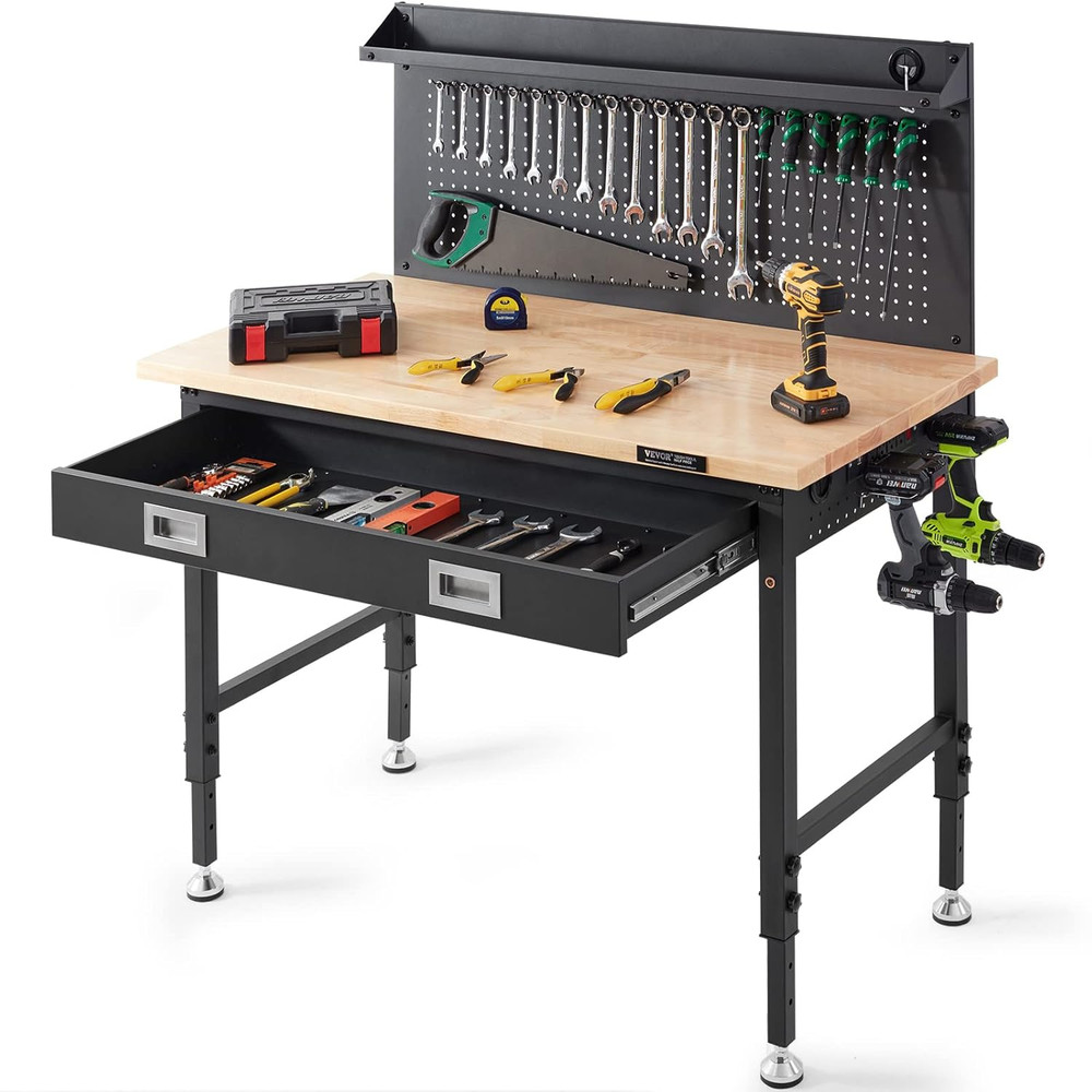 Workbench Adjustable Height 28-39.5" Work Bench for Garage Oak Plank & Carbon St