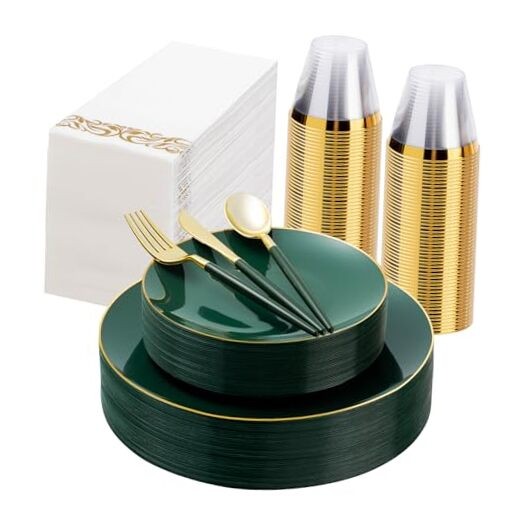 175 Pieces Gold Plastic Dinnerware Set, Gold Disposable Plates for 25 Green