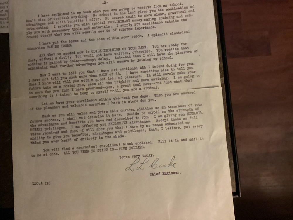 1920s Chicago Engineering Works L.L. Cooke Chief Engineer Course Letter