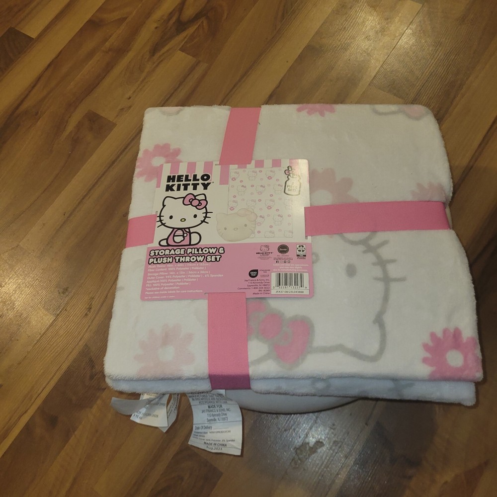 Hello Kitty White & Pink Super Squishy Storage Pillow Plush & Throw Blanket Set