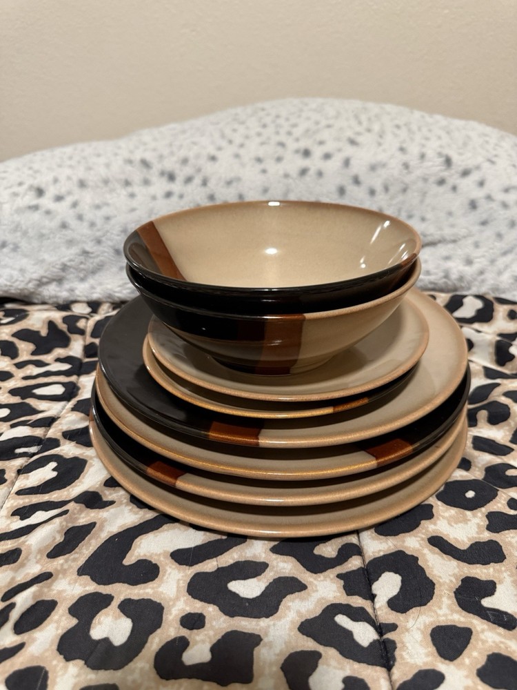 SET OF 8 Sango Tempo Black stoneware dinnerware set.