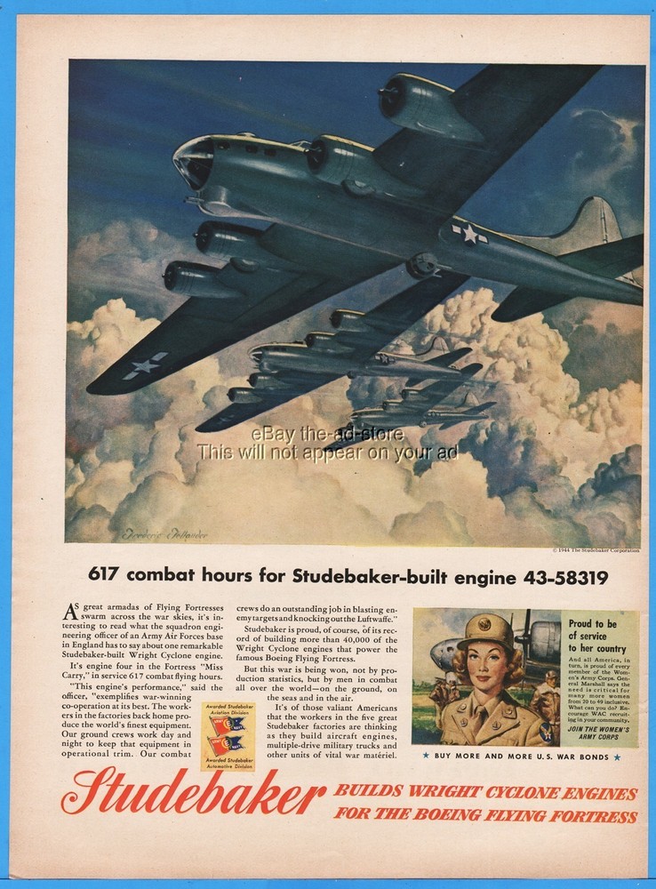 1944 Studebaker Boeing B-17 Flying Fortress Wright Cyclone Engine WWII WAC Ad