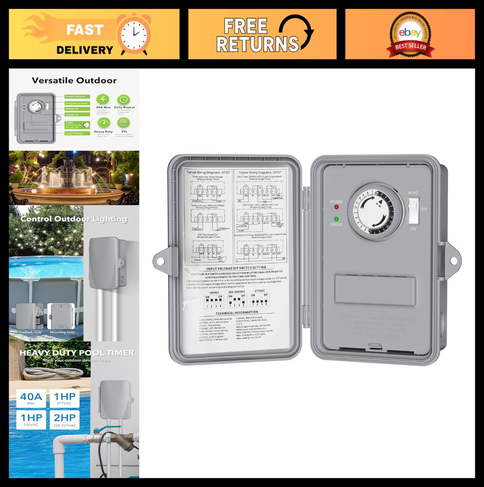 Heavy Duty 24-Hour Programmable Pool Pump Timer, Outdoor Mechanical Timer Box, 2