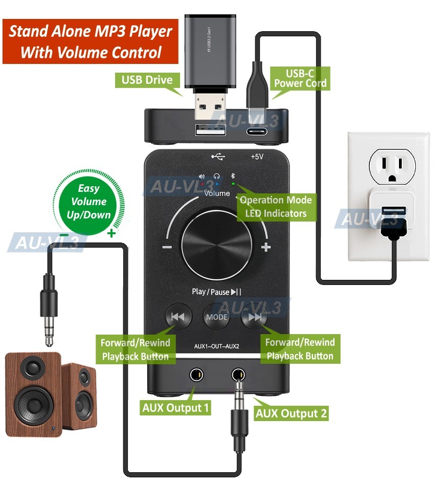 Plug-And-Play USB Volume Control Audio Adapter Bluetooth Transmitter MP3 Player