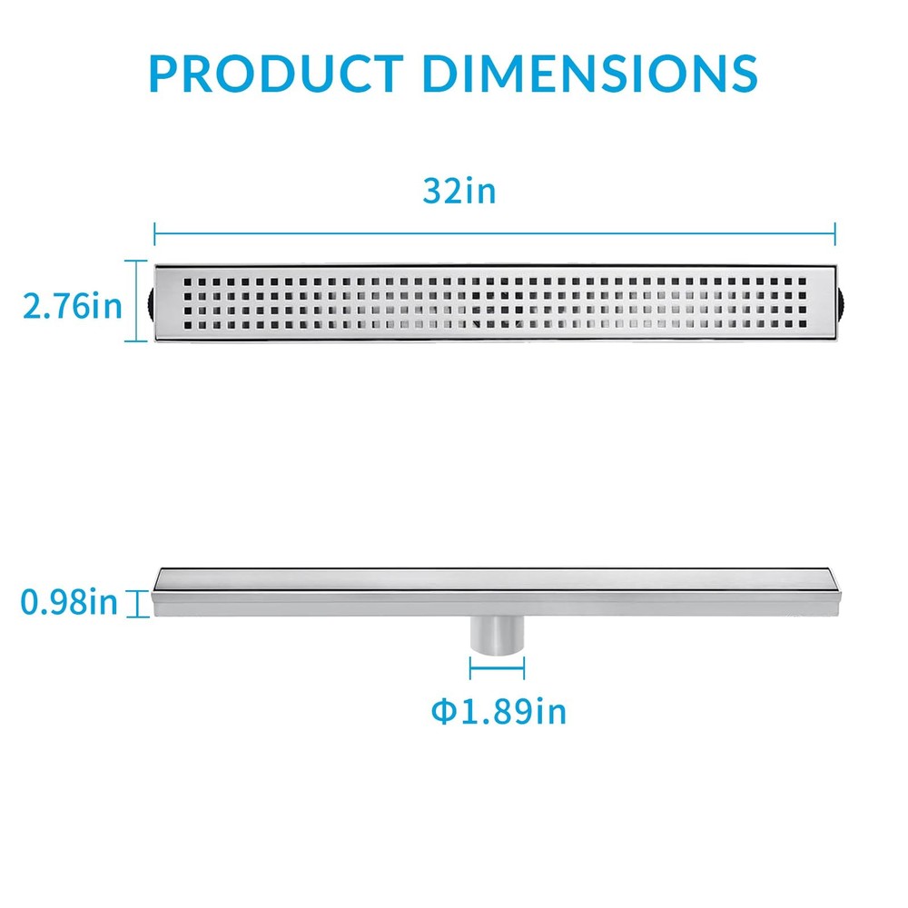 32" Removable Cover Linear Shower Drain, 304 Stainless Steel Rectangular Floor