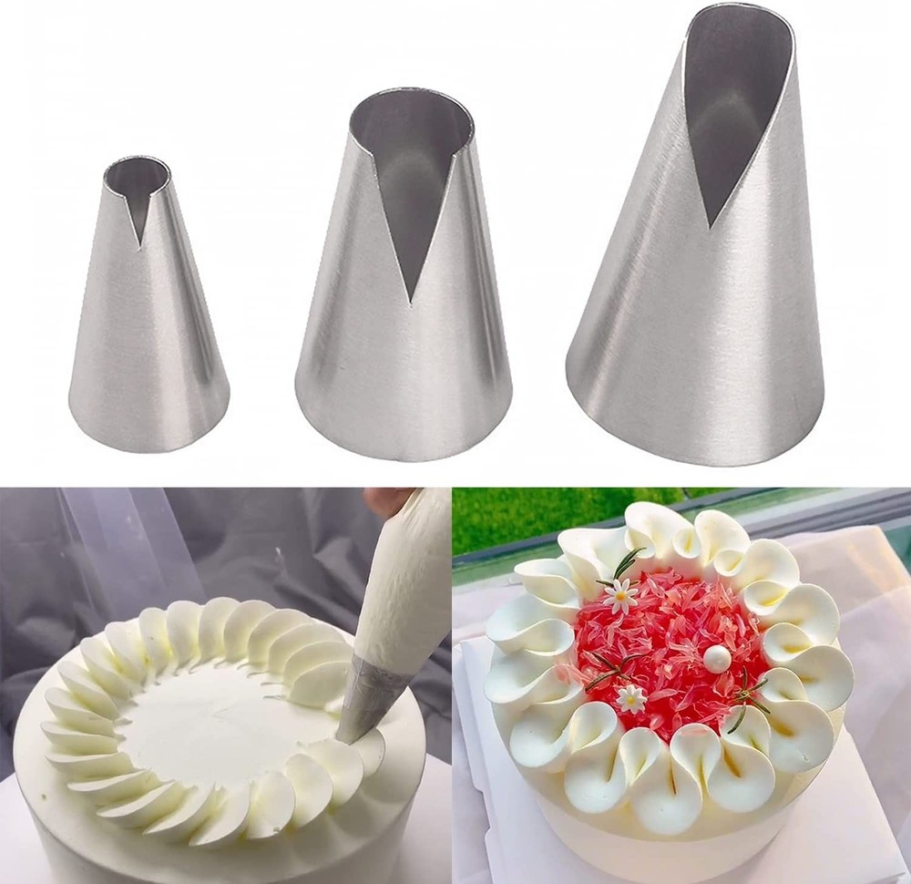 Silver Russian Piping Tips Set, 3 Pcs Cake Decorating Tips V-shaped Wave Nozz...