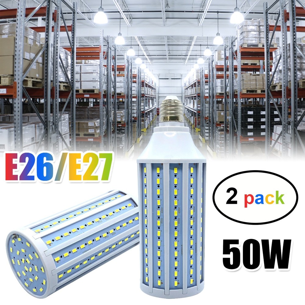 2 Pack E26 LED Corn Light Bulbs 500W Eq 6000K 50W for Garage Warehouse Workshop