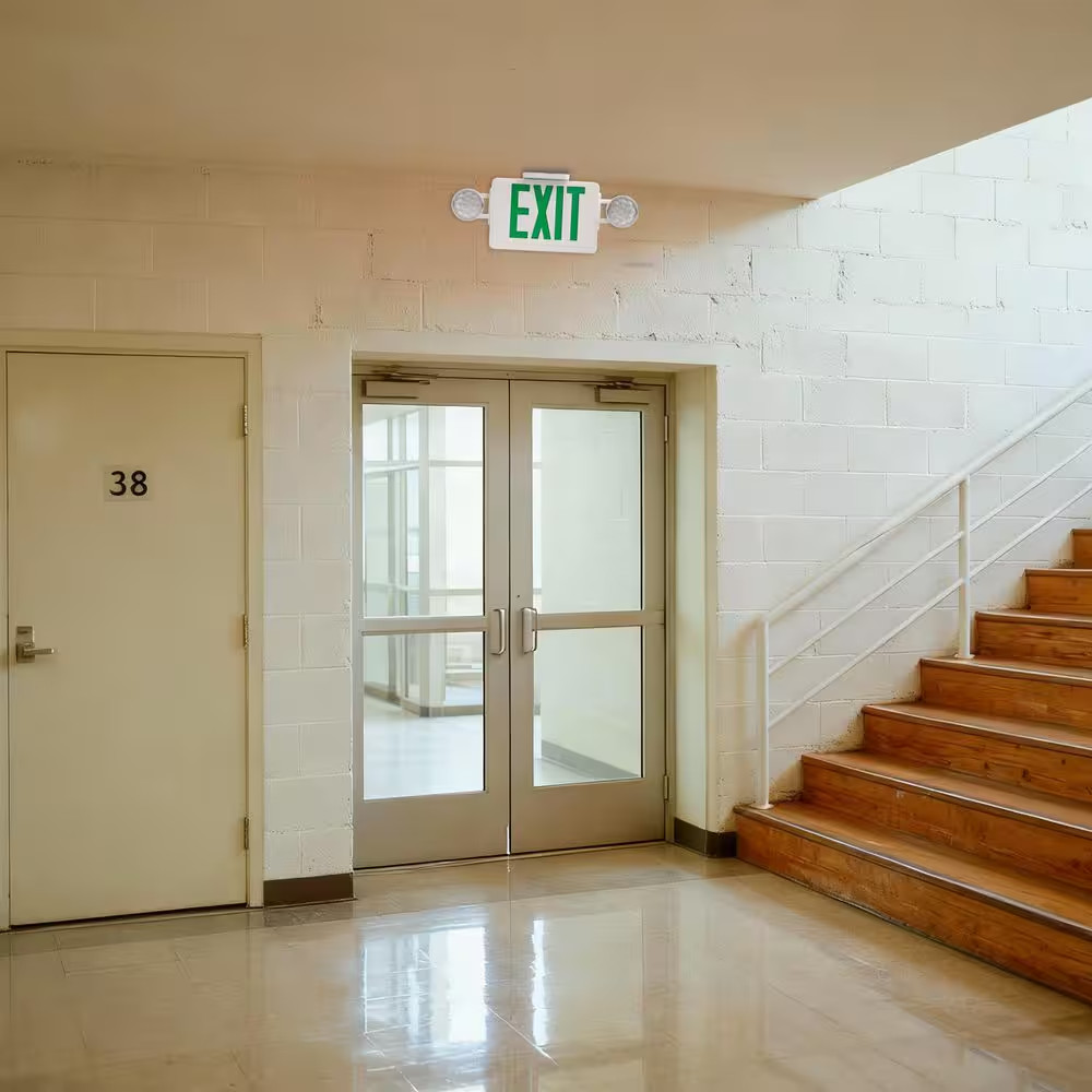 Modern LED Exit and Emergency Combo Light, 2 Adjustable Heads with Green Letters