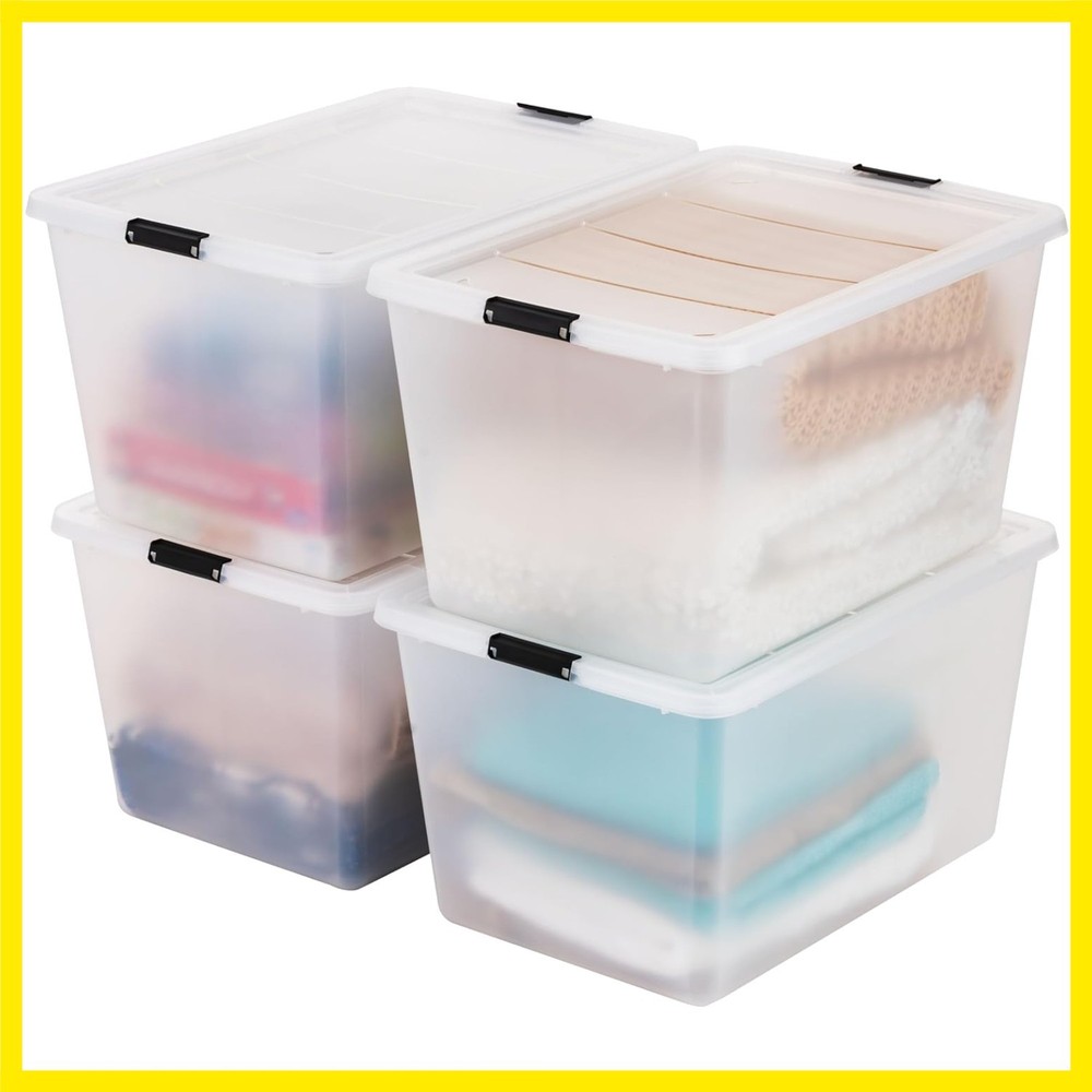 4-Pack High-Capacity Clip Box with Latching Lids, 55 Quart Storage Bins, Supp...