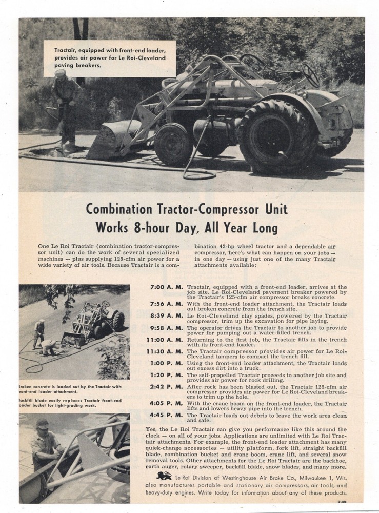 1956 Le Roi Tractair Compressor Ad: Equipped with Front End Loader