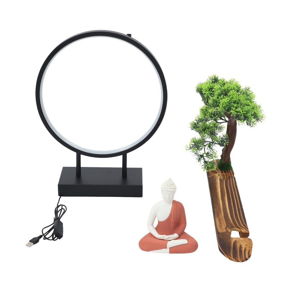 Desktop Decorative Buddha Statue Ornament With LED Circle Lamp+Artificial Tree