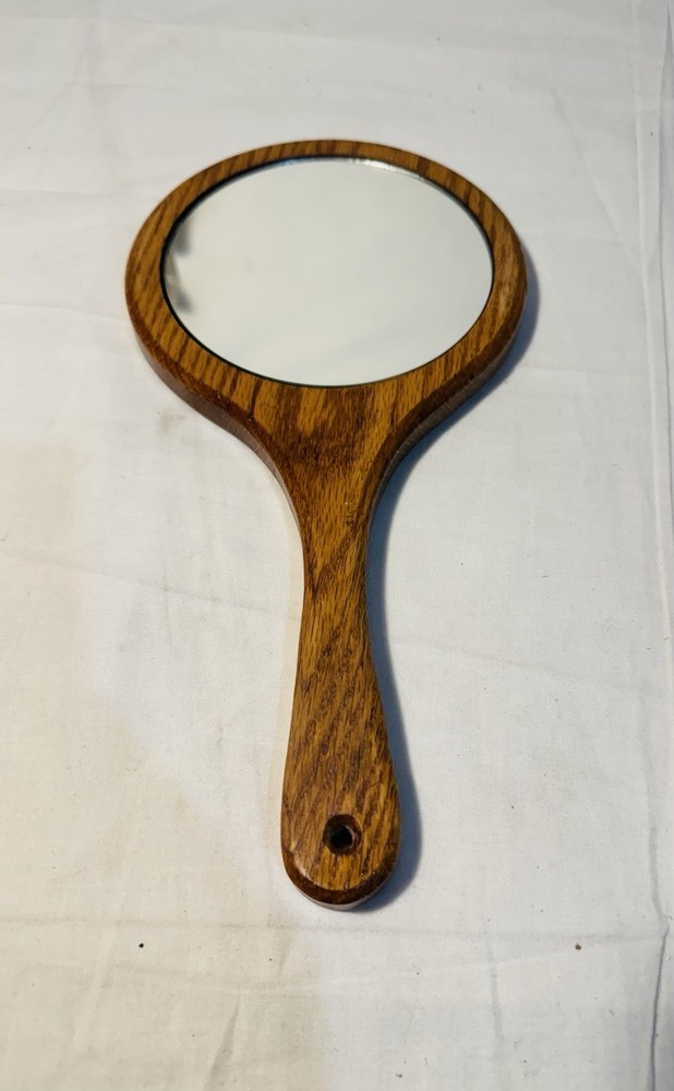 Vintage Handheld Wood Mirror  Round