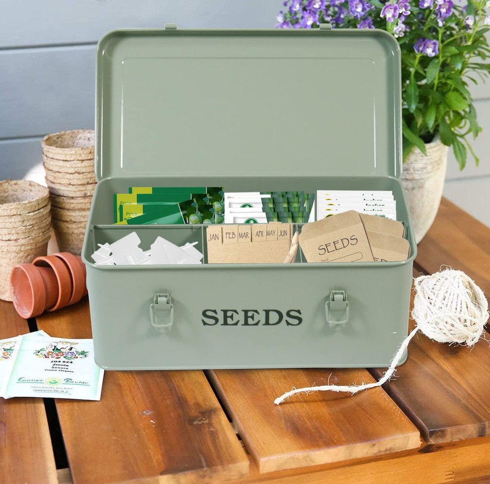 Seed Saving Box, Metal Seed Bin, Seed Storage Organizer Box, Seed Packet Cont...